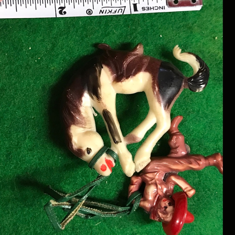 Early Plastic Bucking Horse w/ Woman Rider 2- pins